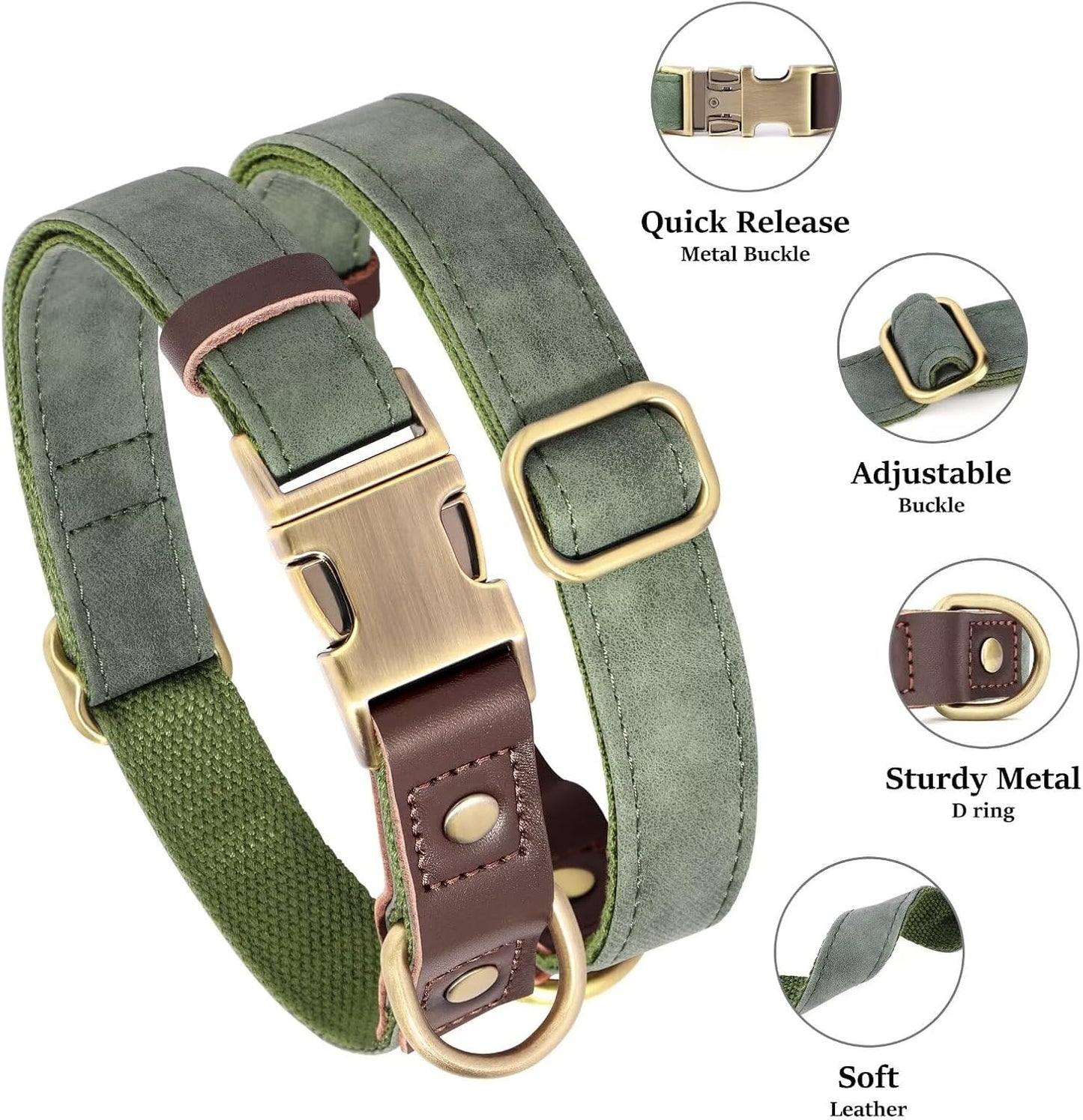Didog Soft PU Leather Dog Collars for Small Dogs,Classic Adjustable Dog Collars with Quick Release Metal Buckle,Easy Clean and Comfortable with Nylon Lining,Green,S Neck 10-15"