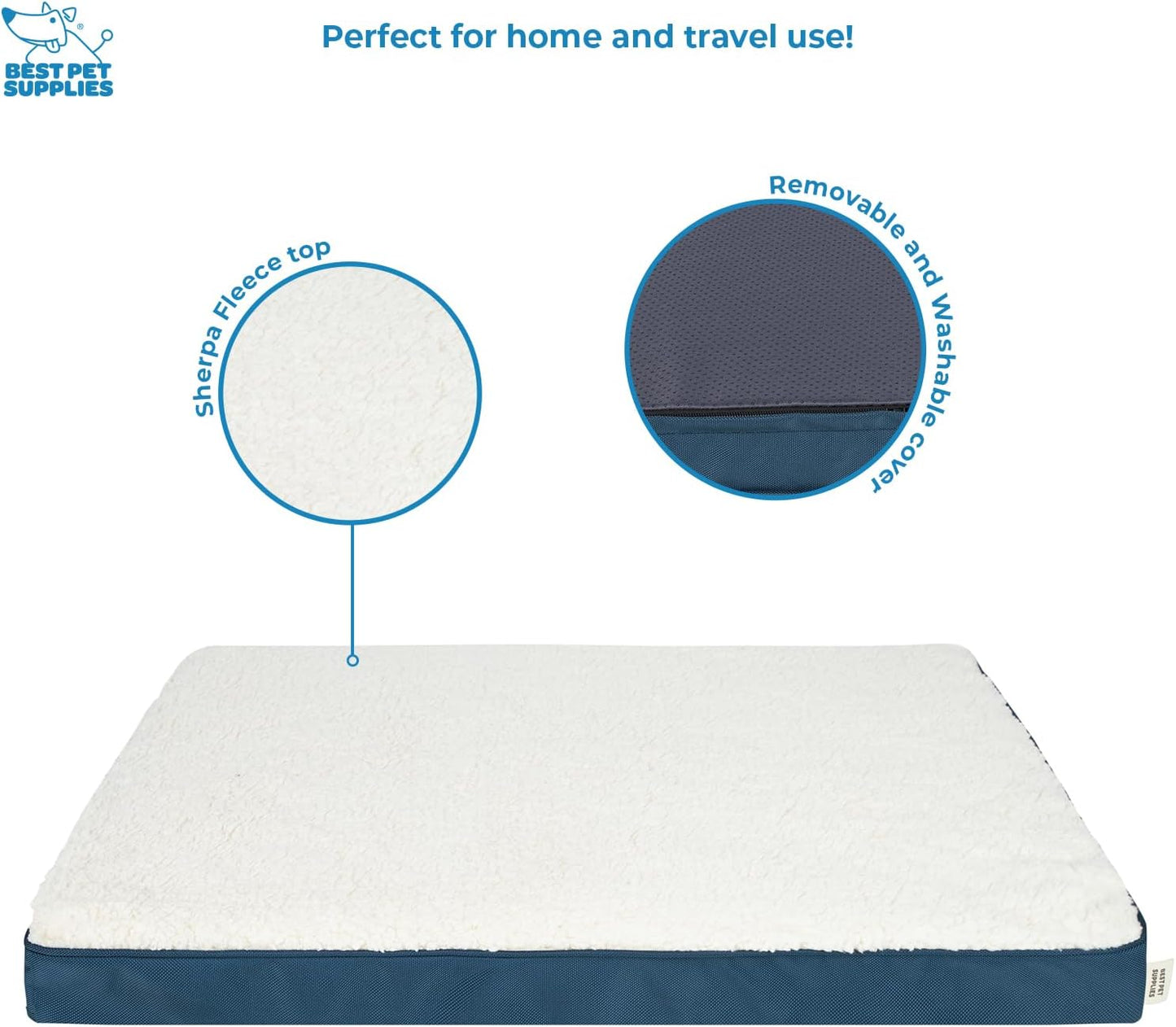 Best Pet Supplies Cute Dog Crate Mat Flat Bed with Waterproof Exterior, Thick Orthopedic Egg Foam Mattress, and Soft Sherpa Fleece Cover for Small, Medium, and Large Breeds - Blue, 41X29X4