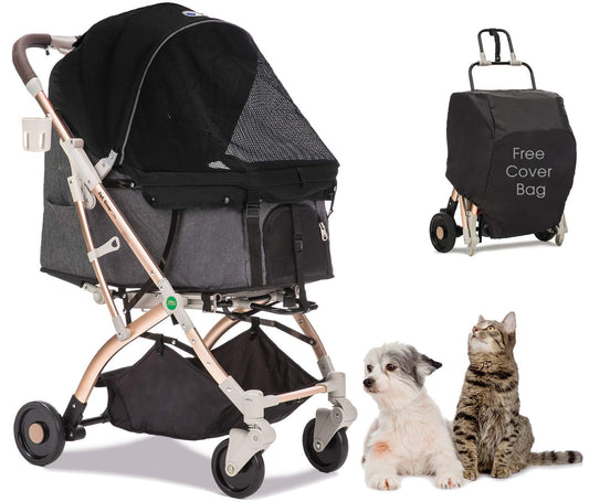 Lite Premium Light-Weight Dog/Cat/Pet Stroller Travel Carriage with Convertible Compartment/Zipper-Less Entry/1-Hand Quick Fold/Aluminum Frame for Small & Medium Pets (Black 2nd-Gen.)