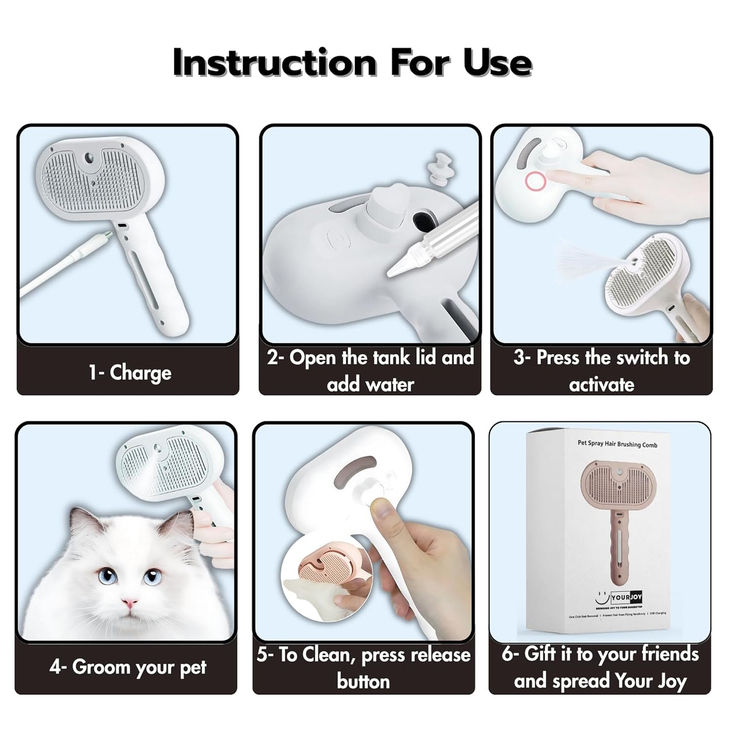 4 in 1 Cat Steam Brush: steam brush for cats, Grooming, Shedding, Mist Spray, Hair Removal Comb & Massager, USB Rechargeable Self Cleaning cat steam brushes for indoor cats - Pink