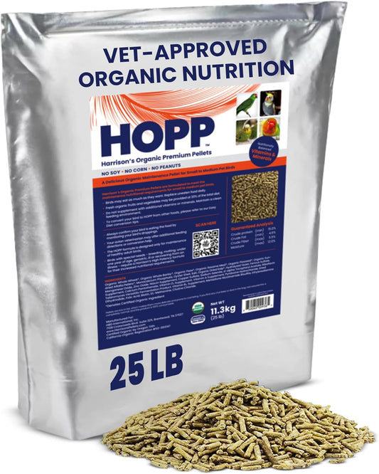 Harrison's Bird Foods HOPP Premium Pellets – Organic, Nutritionally Balanced Food for Small to Medium Pet Birds, Cold-Pressed, Low Fat, Vet-Developed, 25LB