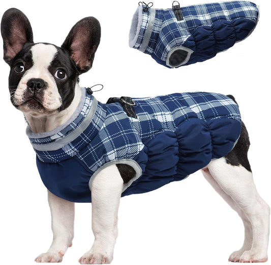 FUAMEY Dog Coat for Medium Dogs,Waterproof Dog Winter Jacket with Harness Built in Puppy Cold Weather Coats Reflective Pet Vest with Zipper Warm Fleece Dogs Snowsuit Windproof Blue Plaid M