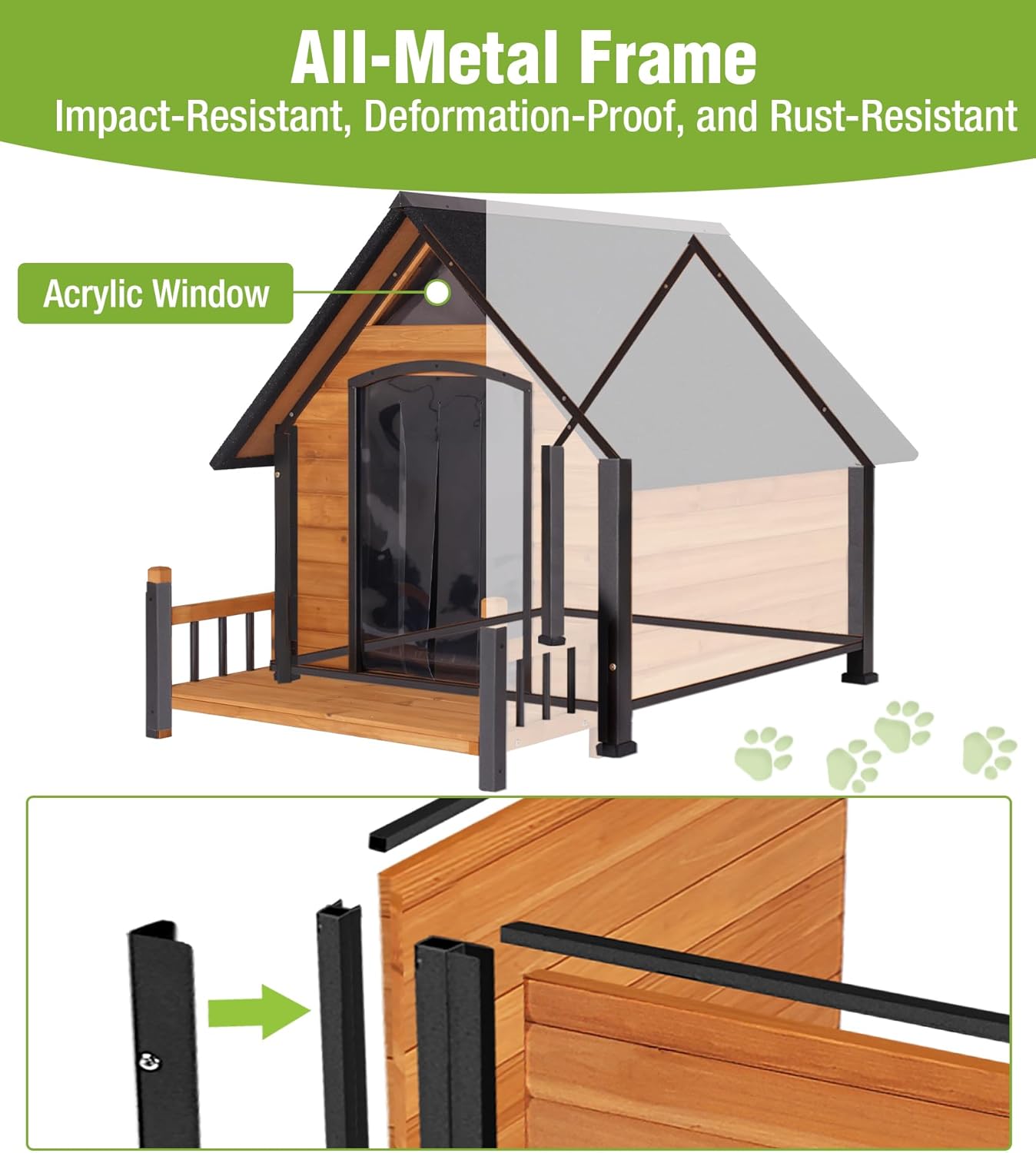 Large Outdoor Dog House Insulated, Weatherproof Dog Kennel with Porch, Anti-Chewing Metal Frame, for Medium to Large Breed