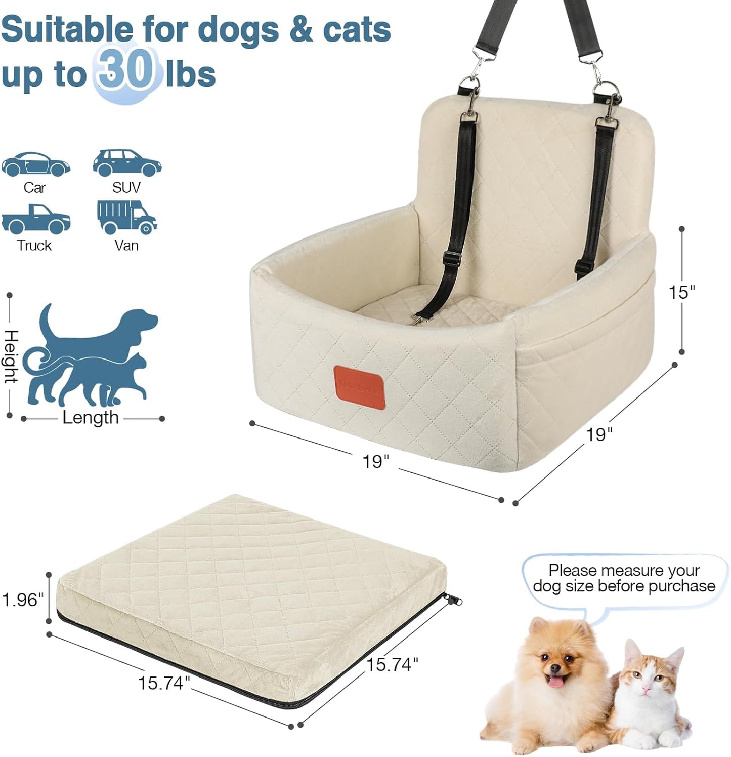 Dog Car Seat for Under 30lbs Dogs,Comfy Febric Fill in Memory Foam,Washable and Detachable Pet Travel Car Bed,Anti-Slip Bottom,2 Safety Leashes & Storage Pockets(Beige)