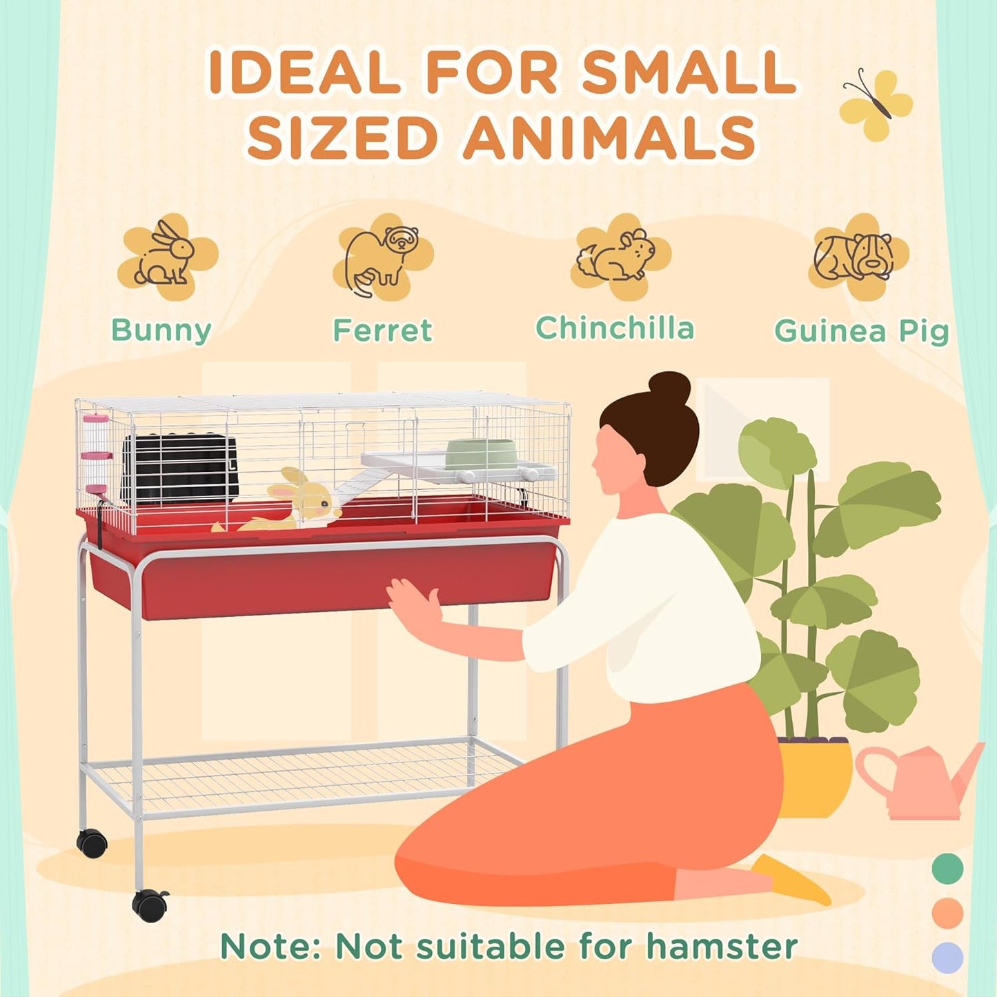 PawHut Two-Story Small Animal Cage Removable from Stand, Guinea Pig Cage with Shelf & Wheels, Pet Habitat for Hedgehog, Chinchilla, Ferret, 33" x 18.5" x 35", Red