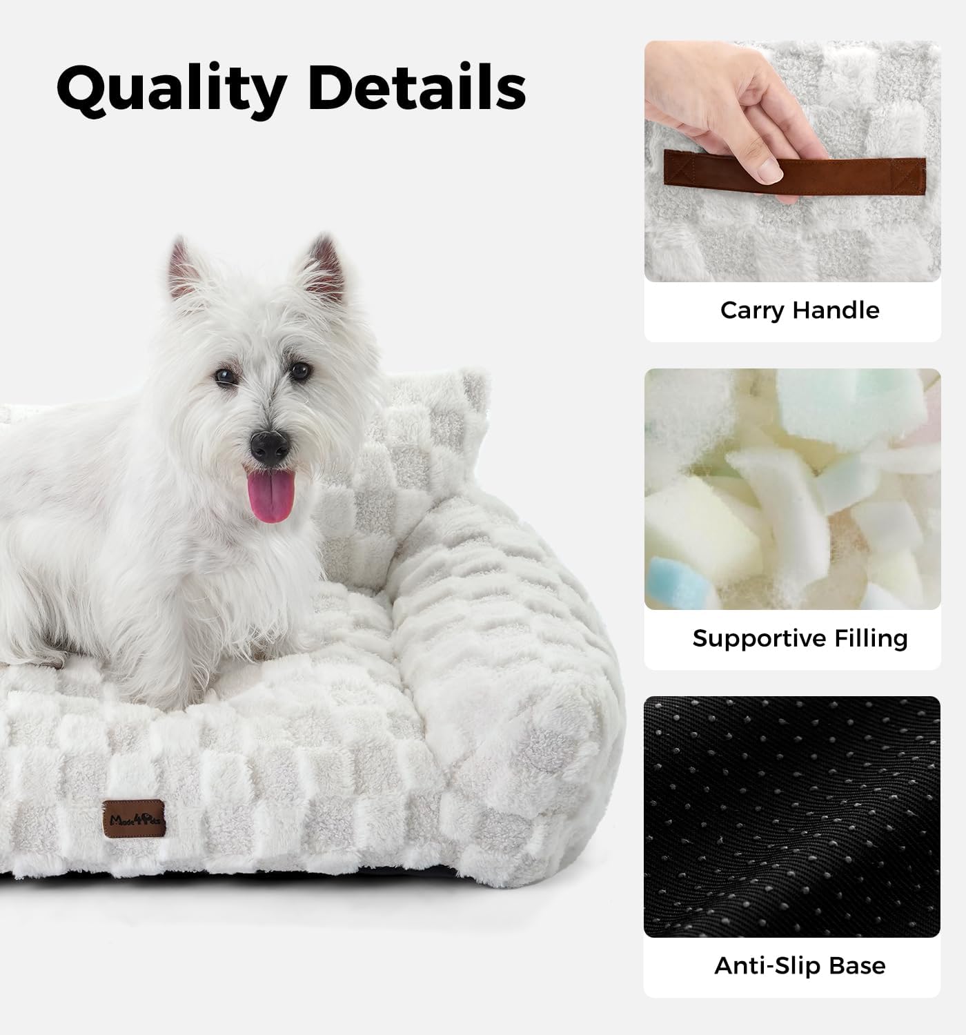 Made4Pets Cat Couch Bed, Soft Faux Fur Checkered Pet Sofa, Calming Fluffy Cat Sofa with Supportive Foam, Removable Washable Cover with Non-Slip Base, White, Small