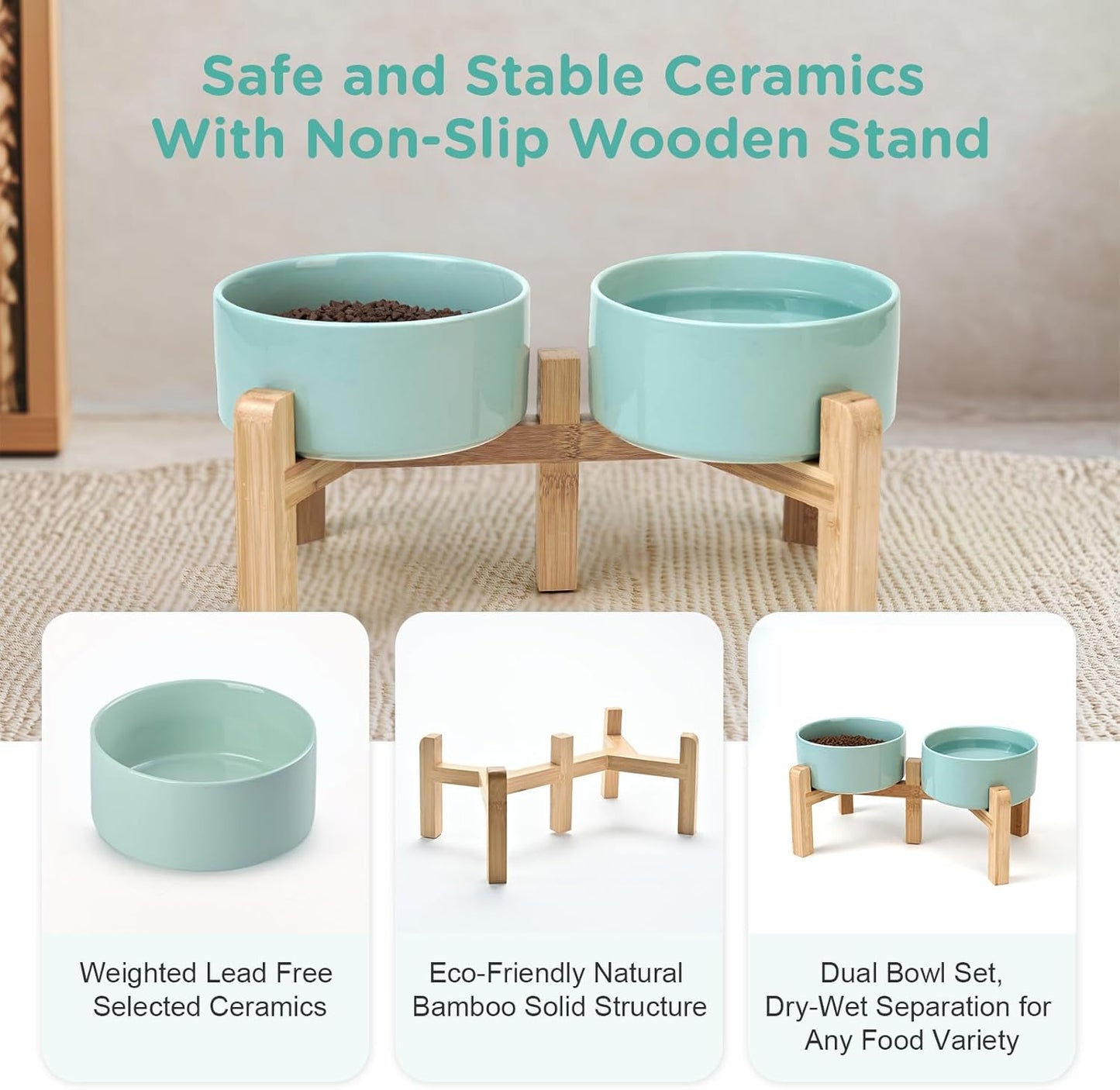 SPUNKYJUNKY Elevated Dog Bowls Ceramic, 6.1'' Dogs and Cat Food Water Bowls Raised with Non-Slip Bamboo Stand for Medium Sized Breed Microwave Dishwasher Safe - 28.7 OZ,Light Green