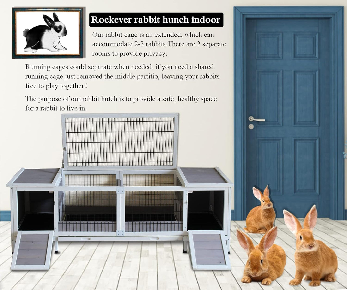 Rabbit Hutch Indoor Leakproof Bunny Cage Fir WoodenOutdoor Bunny House with Wire Floor Leakproof Plastic Tray (Grey)