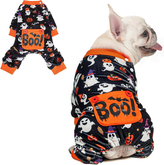 BEAUTYZOO Dog Halloween Pajamas Large Sized Dog, Fleece Funny Ghost Pumpkin Costumes for Dogs, Soft Stretchable Doggy Onesie with Feet, Pet Apparel Clothes for Large Dogs Boy Girl, Black XL