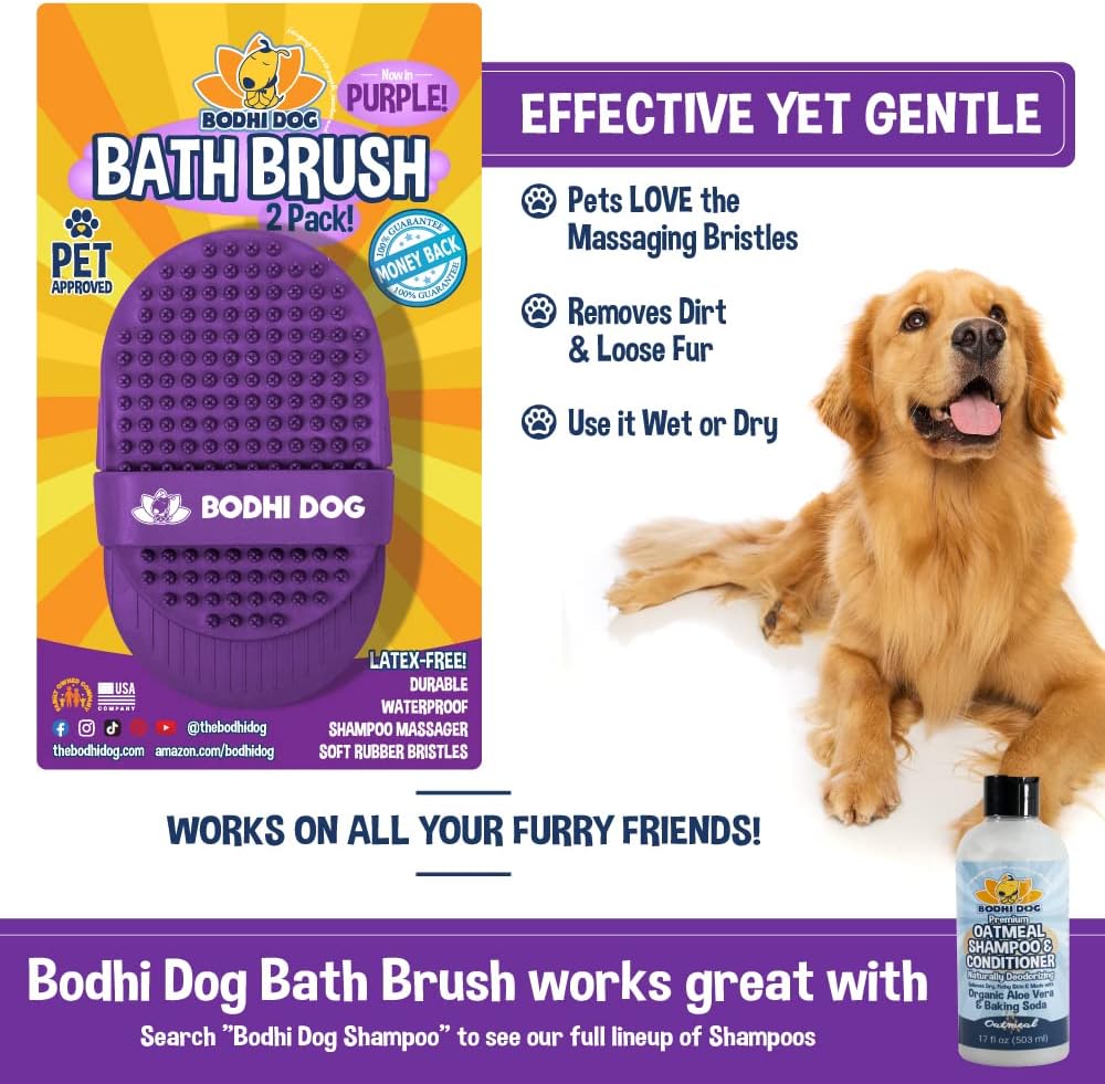 Bodhi Dog Shampoo Brush - Pet Grooming & Bath Supplies for Dogs and Cats - Bath Brush for Long & Short Hair - Premium Scrubber for Shower, Bathing & Massage (Two Pack, Purple)