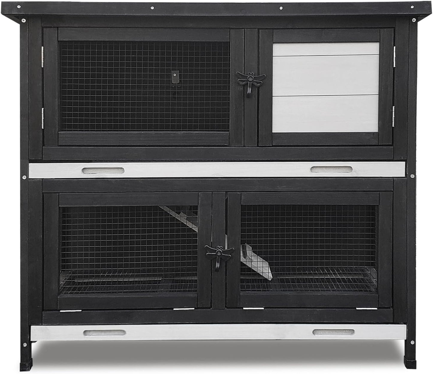 Double Level Solid Wood Rabbit Hutch Small Animal Cage for Rabbits, Guinea Pigs, Hedgehogs & Lizards Indoor/Outdoor– 2-Tier Eco-Friendly Habitat with Bedding Area, Durable & Easy to Clean