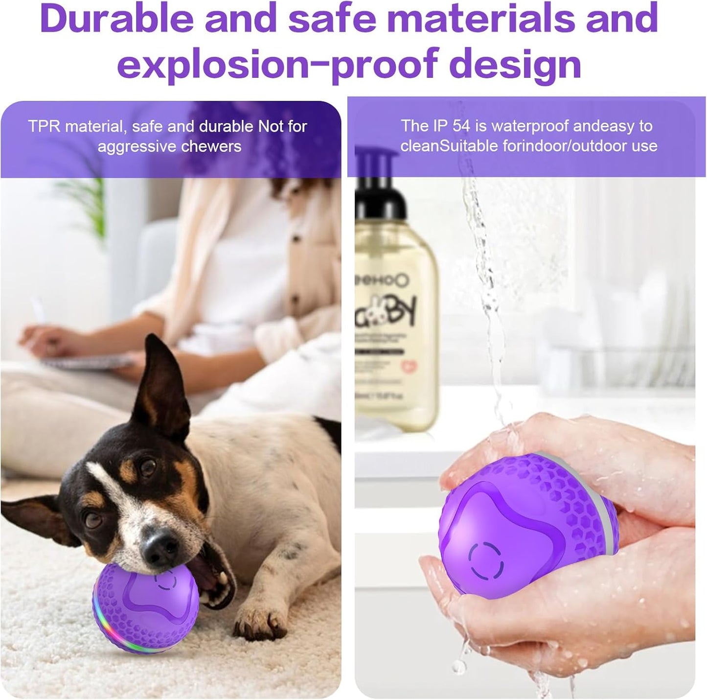 Interactive Dog Toys Ball, Automatic Rolling Toy, Lively pet Ball for Medium/Large Dogs to Relieve Boredom, Activated Automatic Motion Dog Balls Toy with LED Flash, USB Rechargeable (Purple-2)