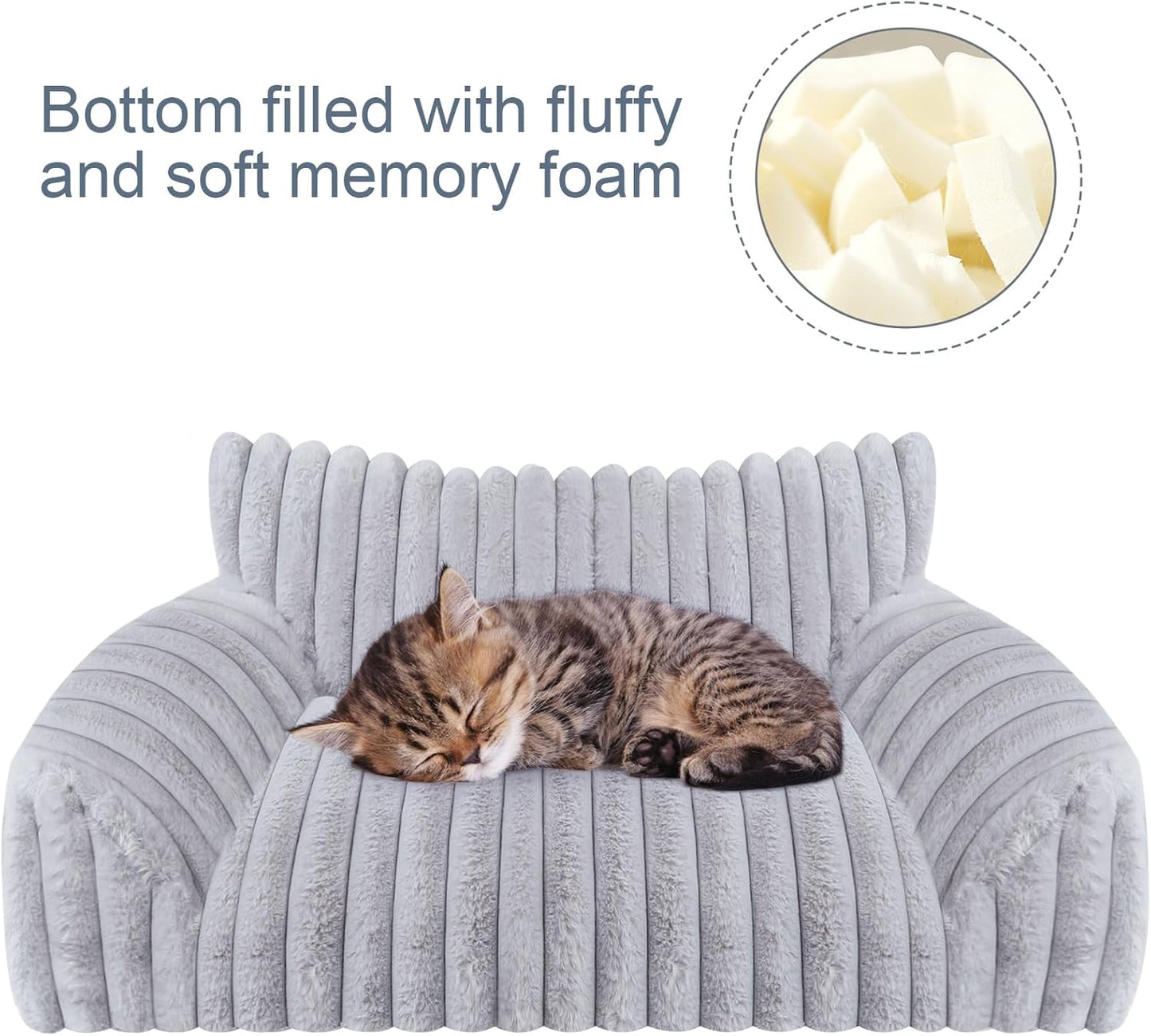 Cute Cat Couch Bed for Indoor Cats, Fluffy Pet Cat Sofa with Premium Soft Corduroy Fleece, Cute Small Dog Beds for Small Dogs, Fuzzy Puppy Chair with Removable Washable Cover (30x20x10,Grey)