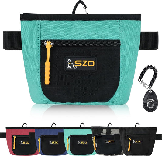SZO Dog Treat Pouch with Pet Training Clicker, Dog Training Treat Pouch with Waist Belt Clip, Magnetic Closure, Hands-Free Training - Black&Green