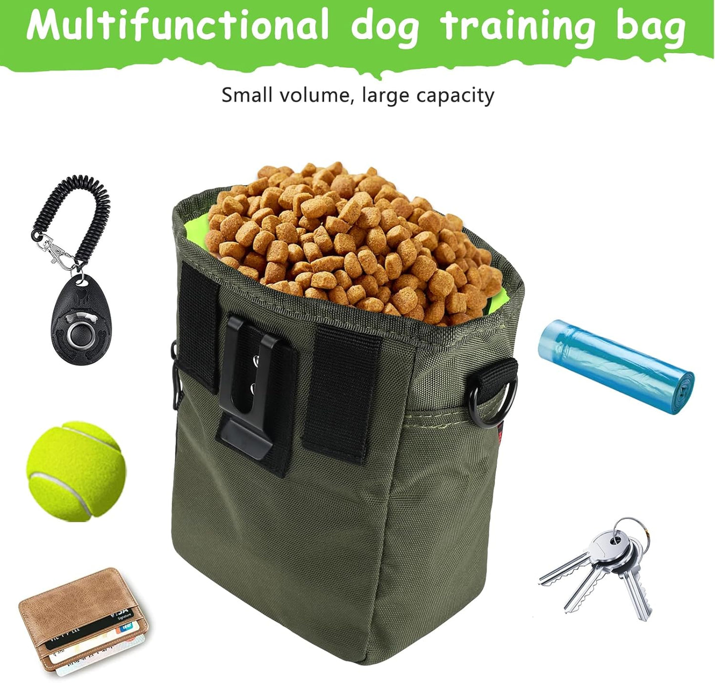Dog Treat Pouches for Pet Training with Magnetic Closure Treat Pouches for Pet Training,Large Dog Treat Training Pouch and Dog Clicker,Training Treat Pouch Built-in Poop Bag Dispenser-Green