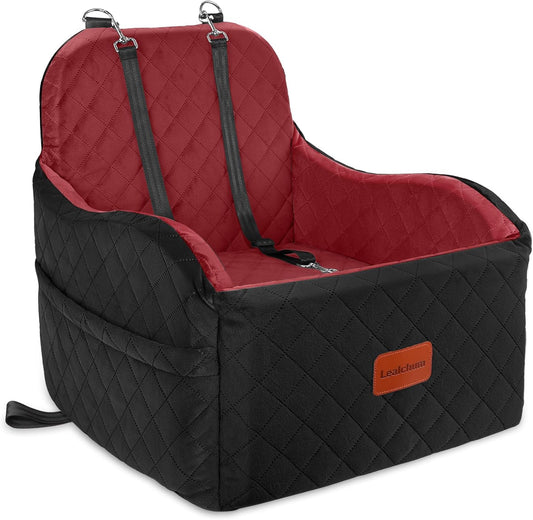 Dog Booster Car Seat for Small/Medium Dogs,Puppy Portable Car Bed with Elevated Cushion,Fully Detachable and Washable,2 Storage Pockets,Easy to Install (Blakc/Red, Medium)