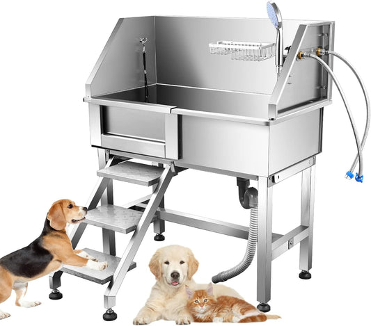 Dog Bath Tub 34'' Small Dogs, Pet Grooming Bahtub Home Washing Station for Small Pets Stainless Steel with Sliding Doors, Left Steps