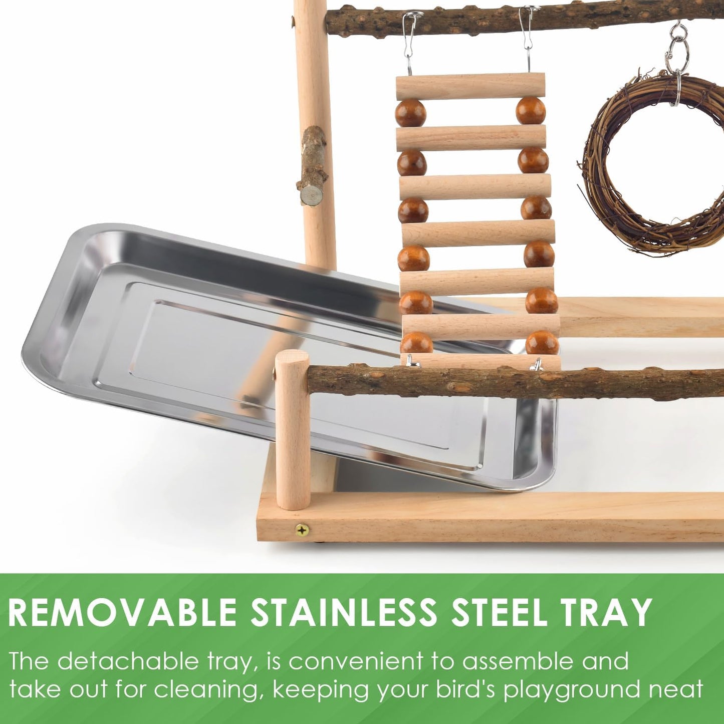 KATUMO Bird Playground - Natural Wooden Perches Parakeet Ladder Conure Swing Bird Cage Accessories with Removable Tray & 2 Stainless Steel Cups