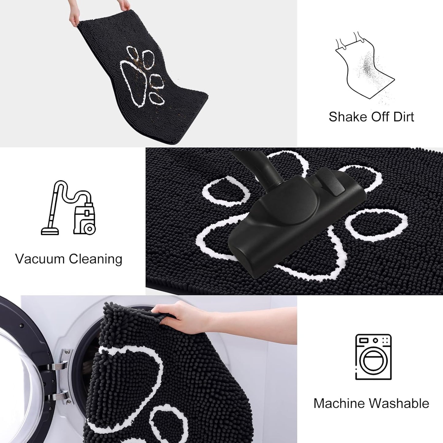 Smiry Dog Door Mat for Muddy Paws, Absorbent Dirt Trapper Non Slip Quick Dry Washable Chenille Mat for Mud Dogs, Entry Rug for Indoor and Outdoor (30x20 Inches, Black)