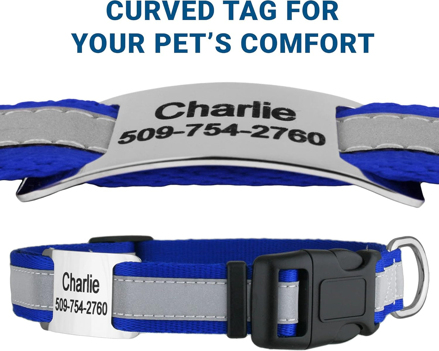 GoTags Reflective Personalized Dog Collar with Nameplate, Adjustable Dog Collar with Custom Engraved Steel Slide On Pet ID Tag, Silent, No Noise Dog Tag for Large Medium or Small (Blue, Large)