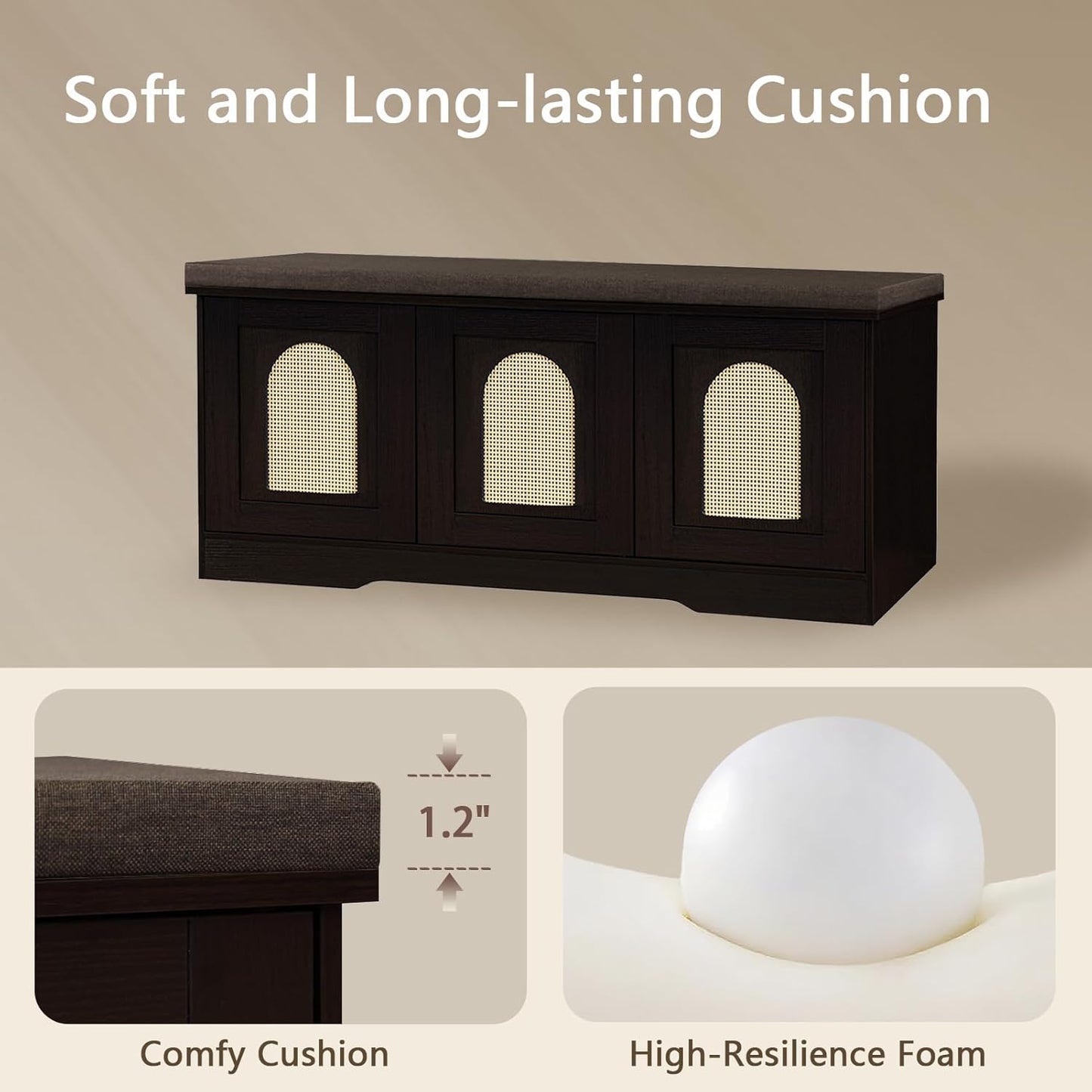 DINZI LVJ Shoe Bench, Entryway Storage Bench with Doors, Cushion, 2-Tier Shoe Rack with 6-Cubby, 39.4”L x 13.8”W Shoe Organizer Cabinet, Adjustable Shelf, Living Room, Bedroom, Espresso with Rattan