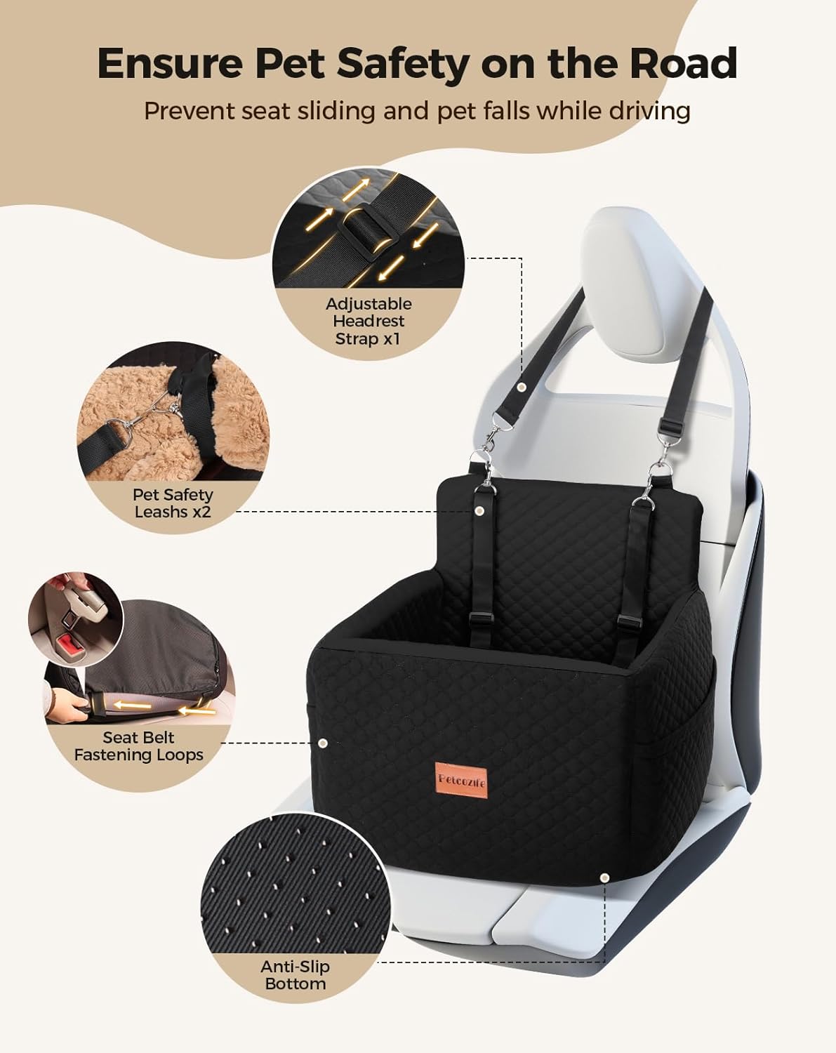 Dog Car Seat for Small & Medium Dogs Under 35lbs, Detachable & Washable Pet Car Seat, Interior Height 6 Inches Pet Travel Bed with Storage Pockets and 2 Dog Safety Belts (Black)