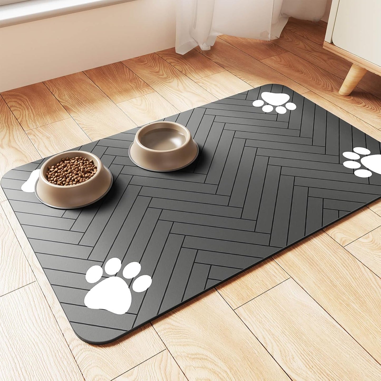 Pet Feeding Mat-Absorbent Pet Placemat for Food and Water Bowl, with Waterproof Rubber Backing, Quick Dry Water Dispenser Mat for Dog and Cat (17"x27", Striped Dark Gray)