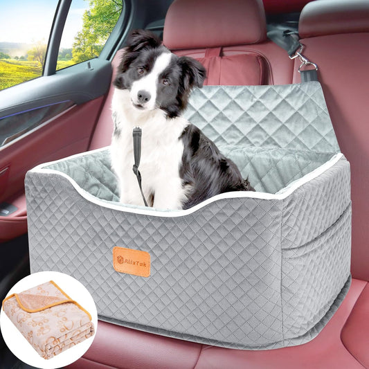 Memory Foam Booster Dog Car Seat for Medium Dogs Under 45 LBS, Elevated Pet Car Seat with Detachable Washable Cover, Anti-Slip Sturdy Dog Booster Seat with Seat Belt for Back Seat Travel