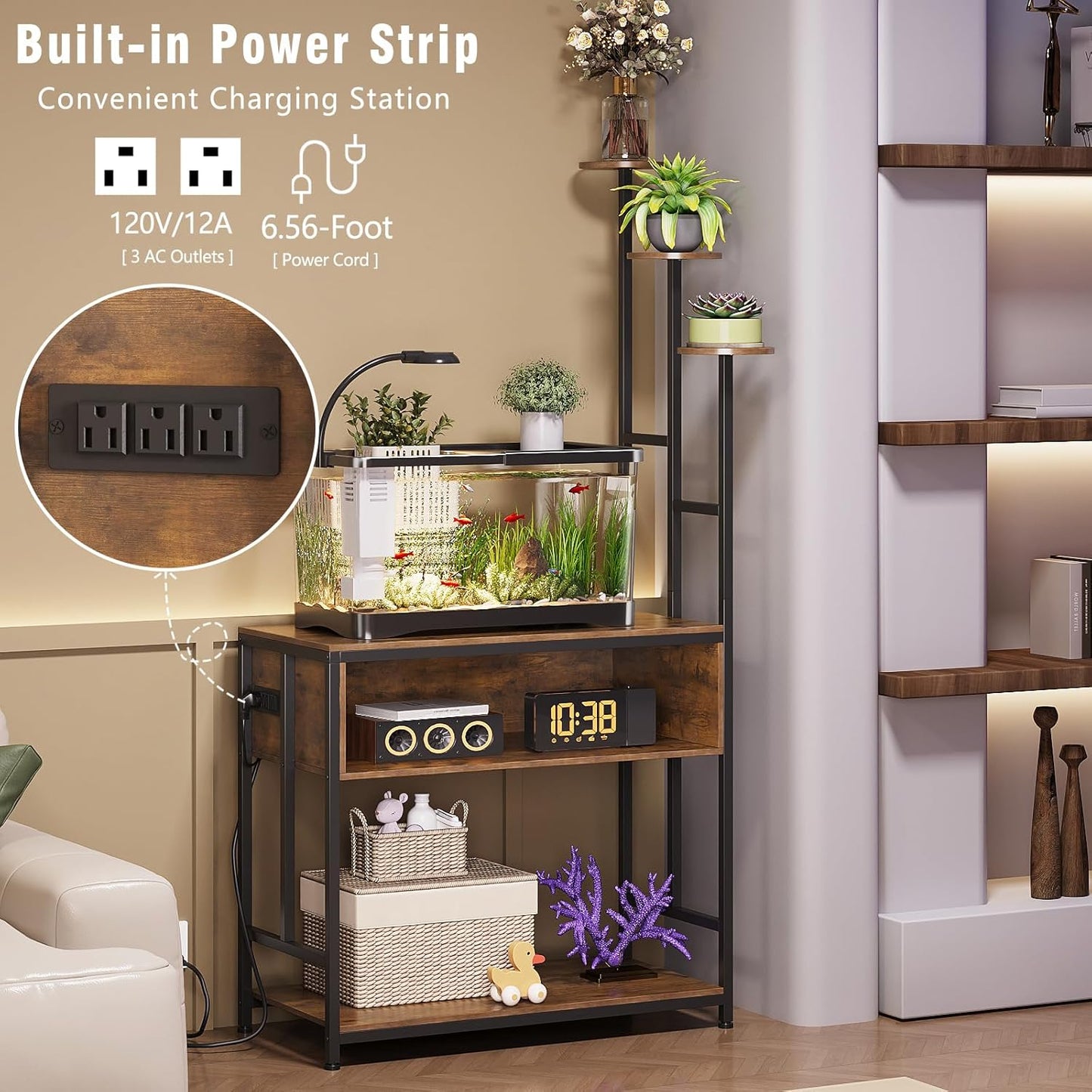 Aquarium Stand with Plant Shelves,20-Gallon Fish Tank Stand with 2-Tier Storage and Display Racks,Metal Frame Reptile Tank Table with Tall Plant Holders,Industrial Rack for Home,Office