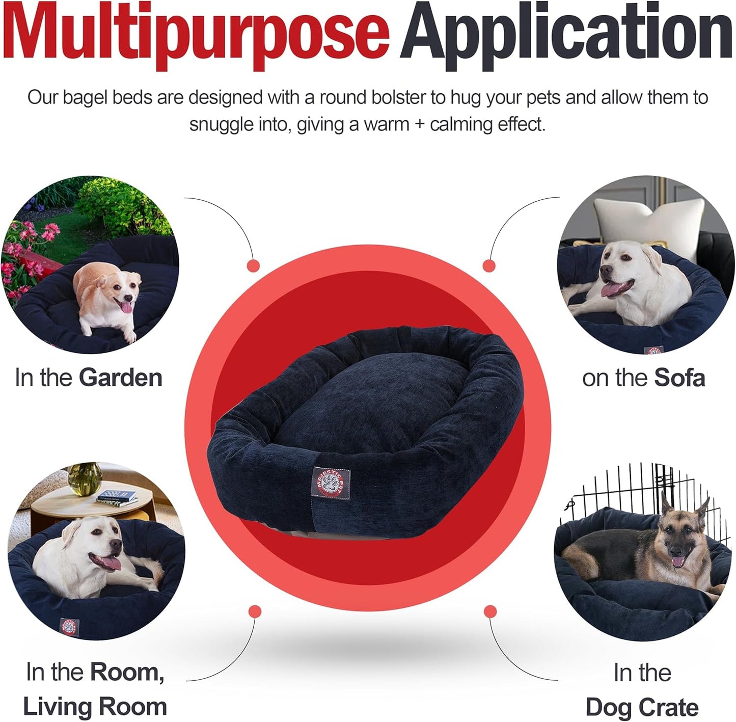 Majestic Pet 40 Inch Micro Velvet Calming Dog Bed Washable – Cozy Soft Round Dog Bed with Spine for Head Support - Fluffy Donut Dog Bed 40x29x9 (inch) – Round Pet Bed Large – Navy