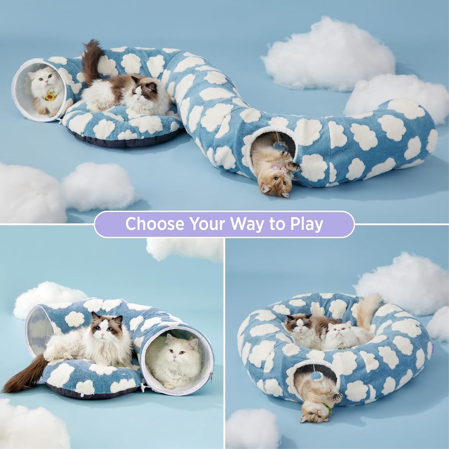 Lesure Large Cat Tunnel Bed - Cute Donut Bed for Indoor Cats with Washable Circle Cushion, Round Pet Peekaboo Cave Toy for Multi Kitten/Puppy/Rabbit, Large Blue