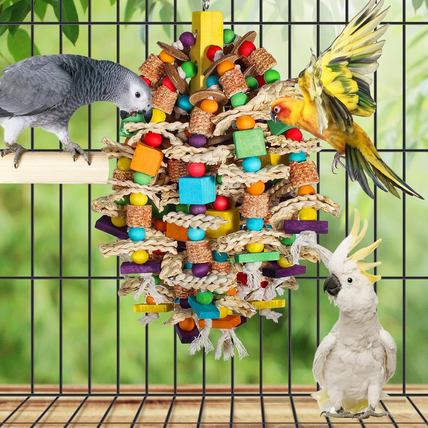 Medium Large Parrot Toys 20in Chewable Bird Toy with Coconut Shell, Poplar Wood, Corn Cob, 112 Schima Wood Beads Bird Shredding Toys Parakeet Macaw Cockatiel Conure African Grey Parrot Gifts