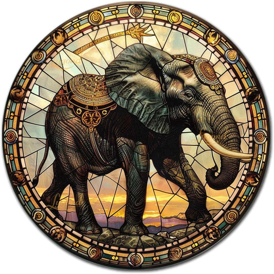 Lygond Metal Sign Tin Sign Circular Stained Glass Elephant Metal Sign for Club 12×12 Inches