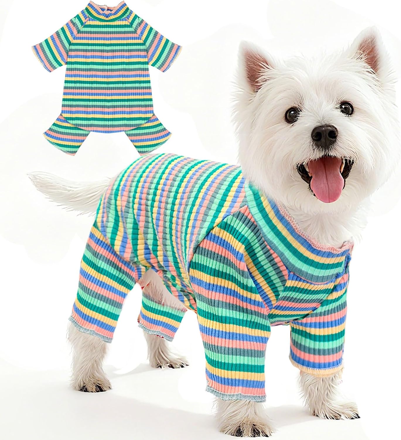 BAEJMJK Striped Dog Pajamas Stretchy Cute Four-Legged Boy Girl Dog Clothes with Sleeves Comfortable Dogs Jumpsuit Colorful Pet Puppy Outfits Apparel for Small Medium Dogs Cats(Green,X-Large)