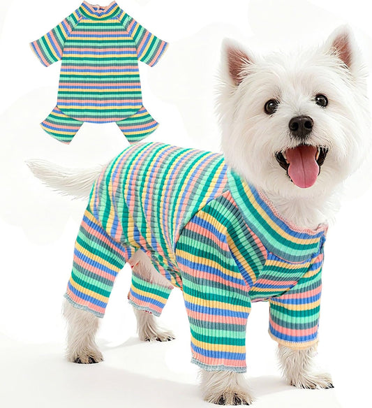 BAEJMJK Striped Dog Pajamas Stretchy Cute Four-Legged Boy Girl Dog Clothes with Sleeves Comfortable Dogs Jumpsuit Colorful Pet Puppy Outfits Apparel for Small Medium Dogs Cats(Green,Large)