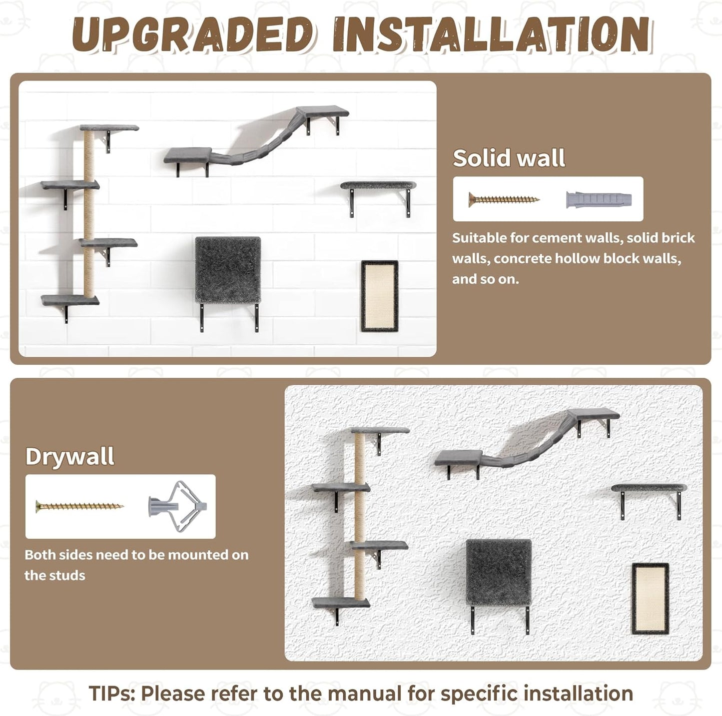 COZIWOW Wall Mounted Cat Furniture, Cat Wall Shelves and Perches, Floating Cat Shelves for Wall Set of 5 (Grey)