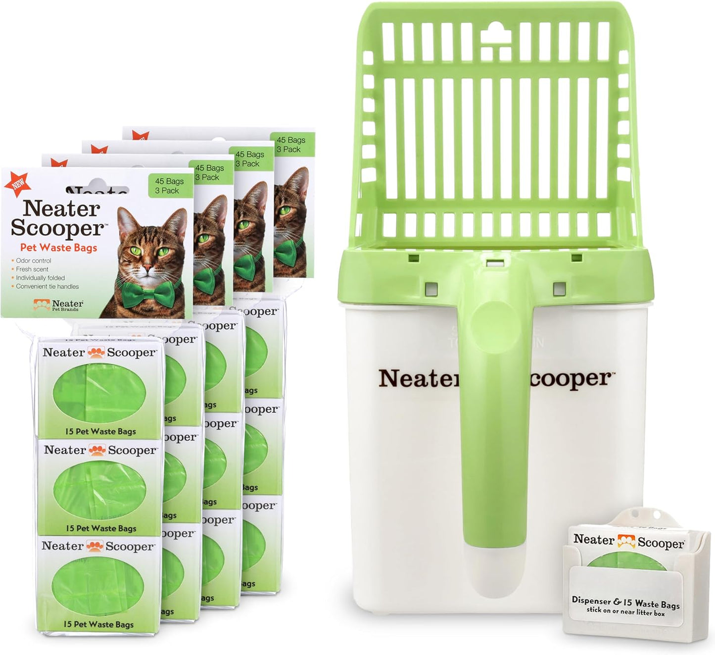 Neater Pet Brands Neater Scooper Standard Cat Litter Scoop, 195 Refill Bags – Mess-Free Cat Litter Scooper with Bag, Spill-Proof Kitty Box Sifter, Bin Doubles as Scoop Holder, For Single-Cat Household