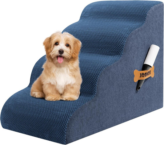 Dog Stairs, Romrol Dog Steps Ramp for High Bed and Couch, Dogs Ramp with Durable Non-Slip Waterproof Fabric Cover, Pet Stairs for Small Dogs and Cats or Pets Joints, 4-TiersDusty Blue