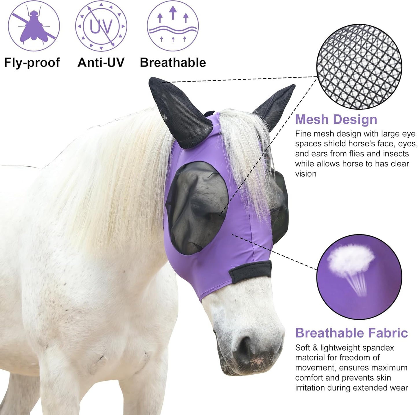 Stretchy Horse Fly Mask for Horses, Soft Lycra Equine Mesh Mask, Elasticity Horse Face Covering, Breathable&UV Protection, Violet, Full