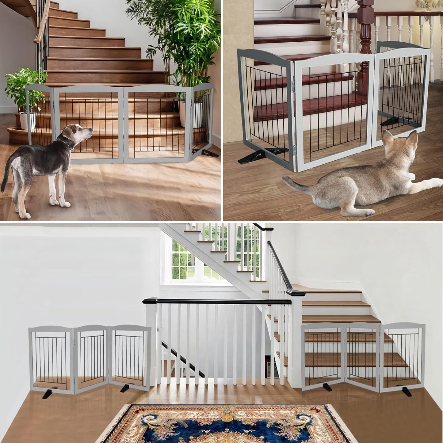 ZJSF Freestanding Dog Fence Indoor, Foldable Dog Gate for Doorways, Stairs or Hallways, Sturdy Wood Extra Wide Pet Gate with Support Feet for The House, Grey, 32 "Height-4 Panels