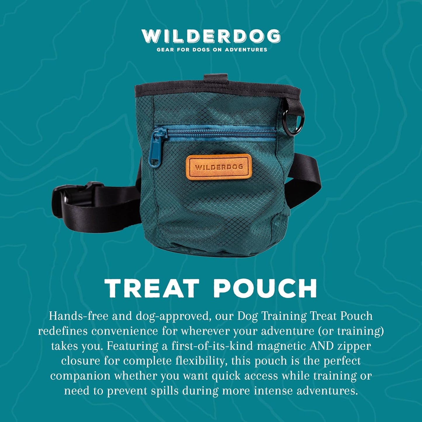 Wilderdog Dog Training Treat Pouch with Magnetic and Zipper Closure, Carabiner Attached, Adjustable Waist Strap - Green