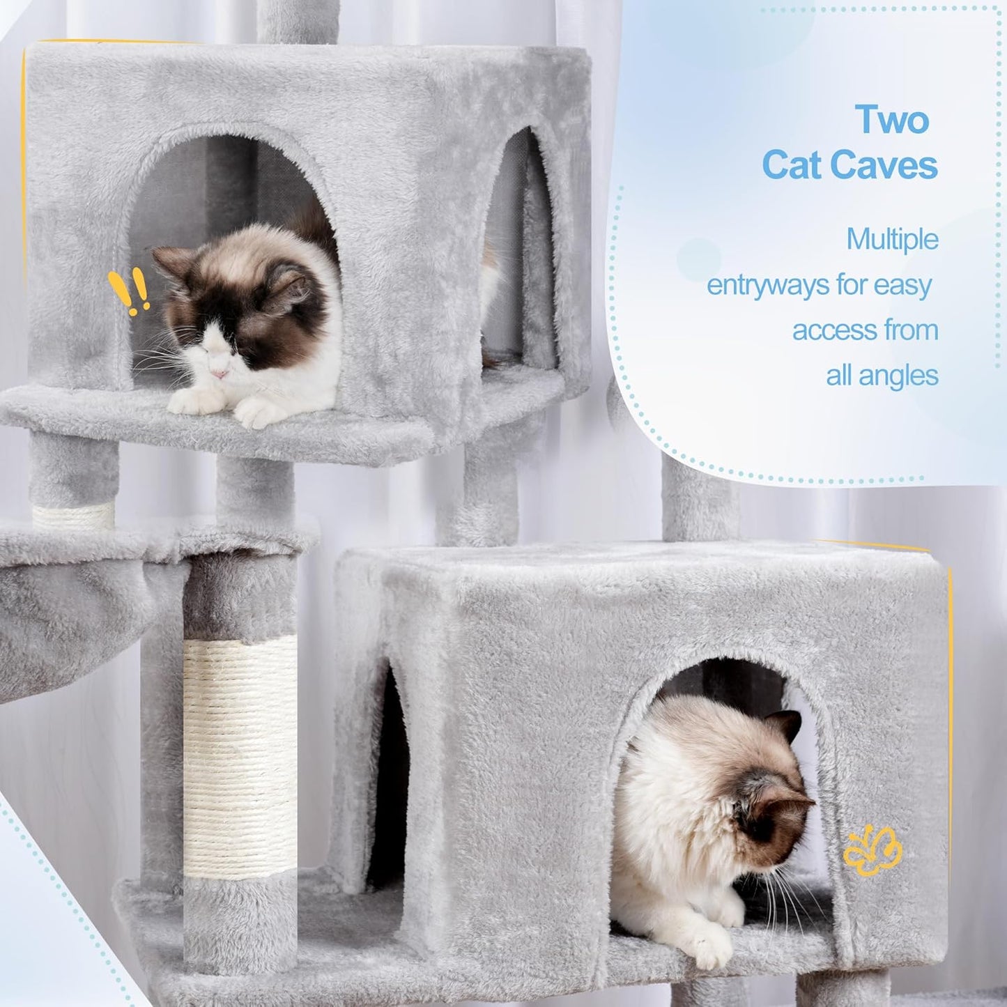Hey-brother Cat Tree Tower, Scratching Posts with a Extended Part, Wide Platforms, Cozy Condos, Hammocks, Sisal Columns and Ball for Indoor Cats, 70.1 Inches, Light Gray MPJ038W