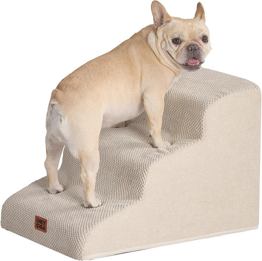 EHEYCIGA Curved Dog Stairs Ramp for Small Dogs 15.7" H, 3-Step Dog Steps for Couch Sofa and Chair, Pet Stairs for Cats, Non-Slip Balanced Pet Steps Indoor, Beige