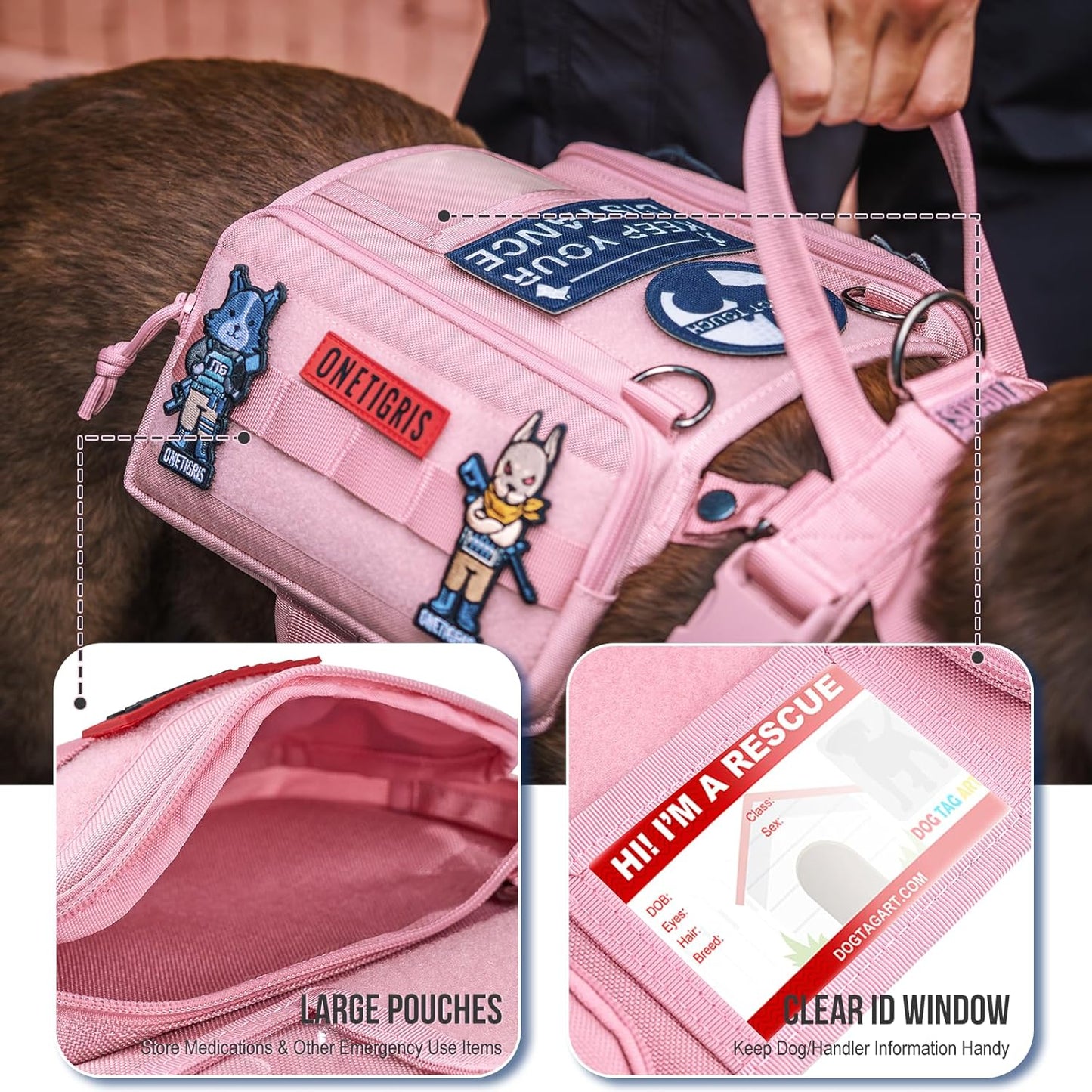 OneTigris Service Dog Vest Harness, Service Dog Cape Guardian Dog Backpack Harness with Pouches Dog Saddle Bag for Small Medium and Large Dogs (Pink, M)