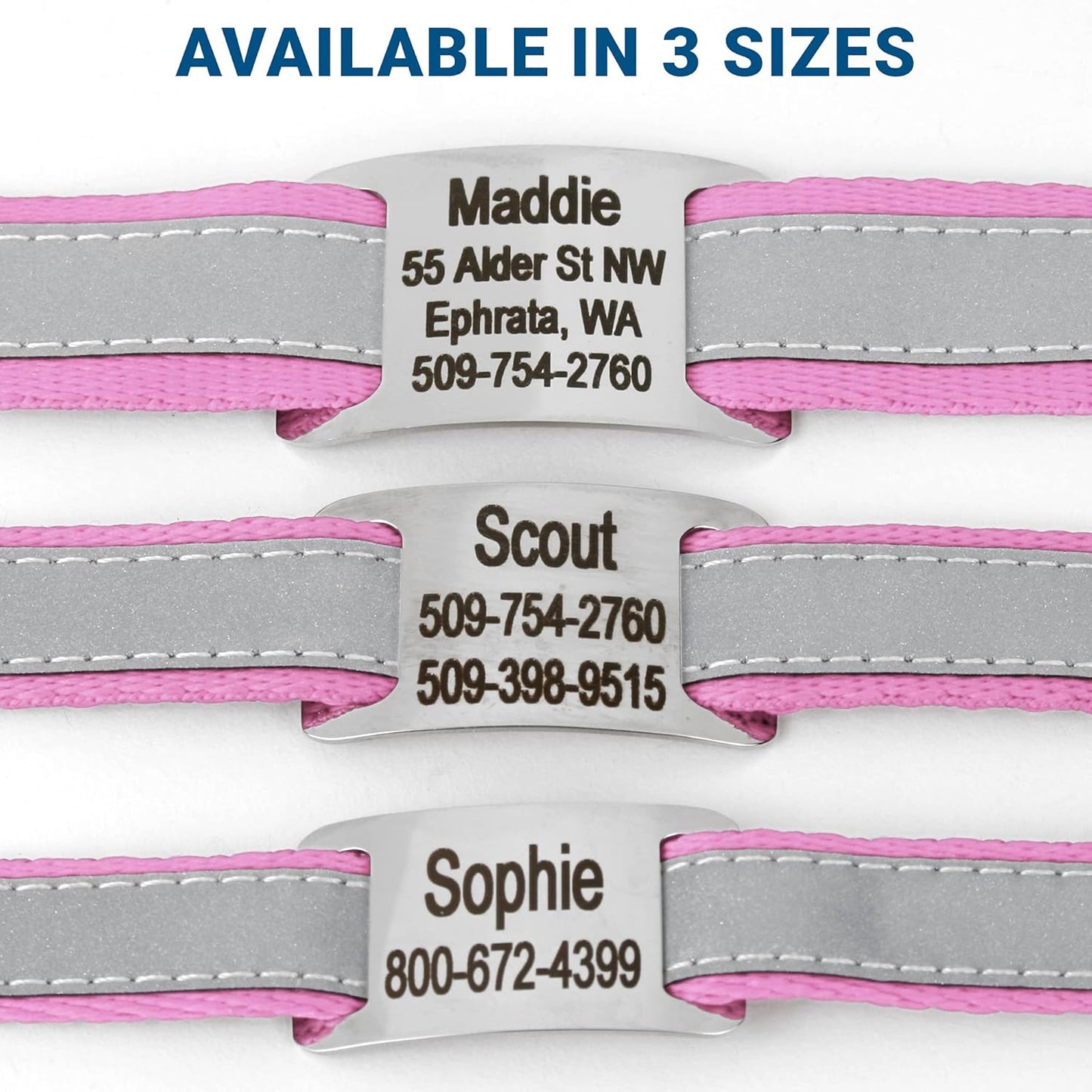 GoTags Reflective Personalized Dog Collar with Nameplate, Adjustable Dog Collar with Custom Engraved Steel Slide On Pet ID Tag, Silent, No Noise Dog Tag for Large Medium or Small (Pink, Large)