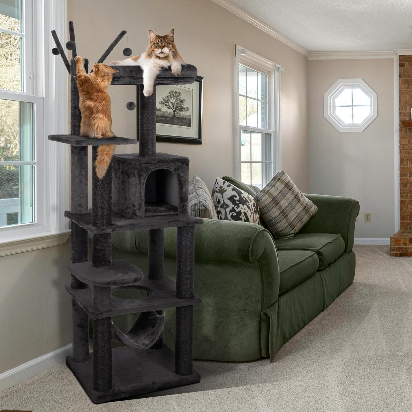 KAMABOKO Cat Tree, 73.6" H Tall Climbing Modern Indoor Play Tower for Large Cats and Kittens, Cats House with Cat Cave Condo, Cat Tree Hammock, Multi-Level Cat Activity Tree, and Cute Scratching Posts