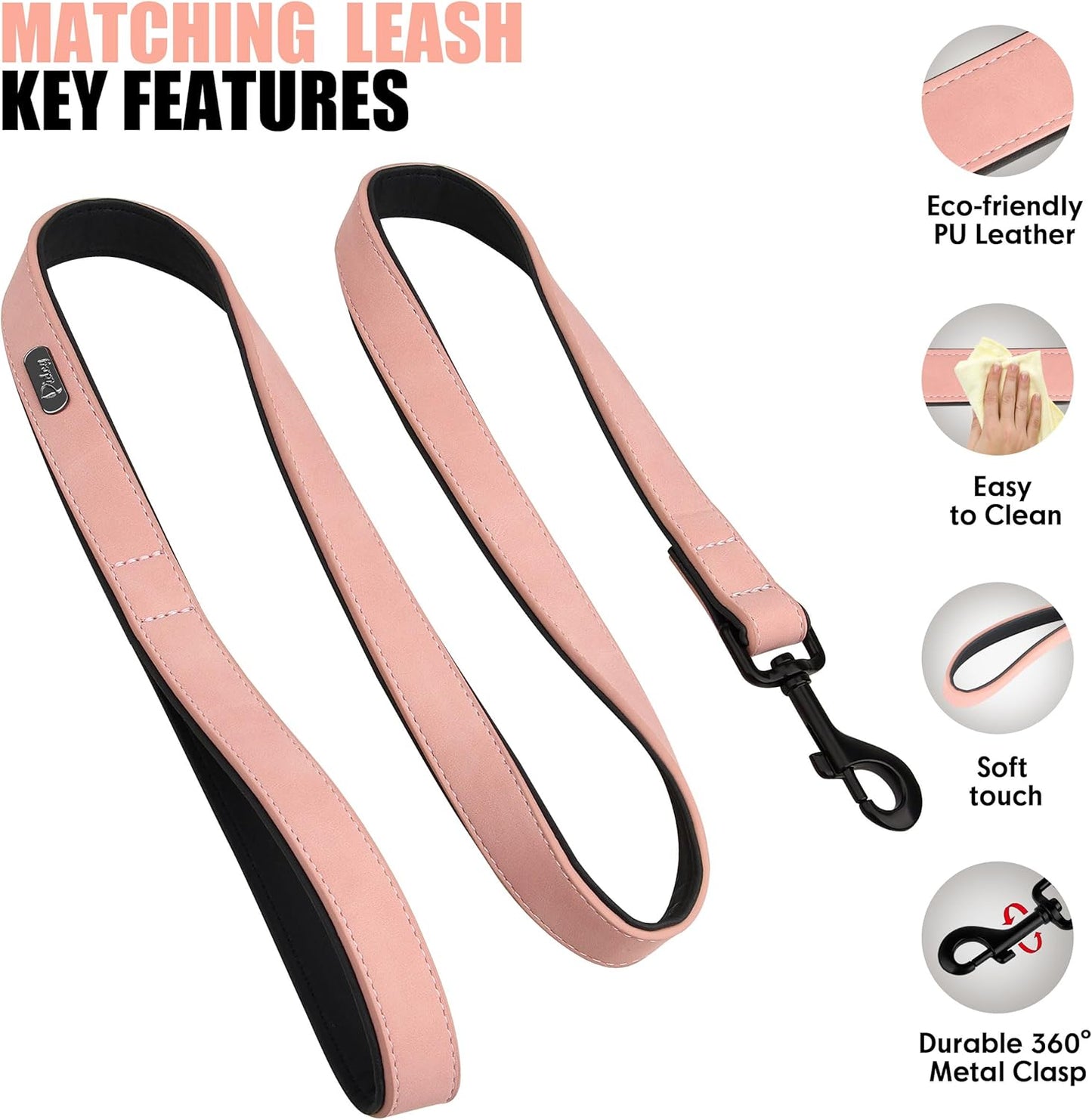 Didog Soft Padded Leather Dog Collar and Leash Set, Adjustable Pink and Breathable Pet Collars with 4FT PU Leather Dog Leash for Small Medium Large Dogs, Pink, L