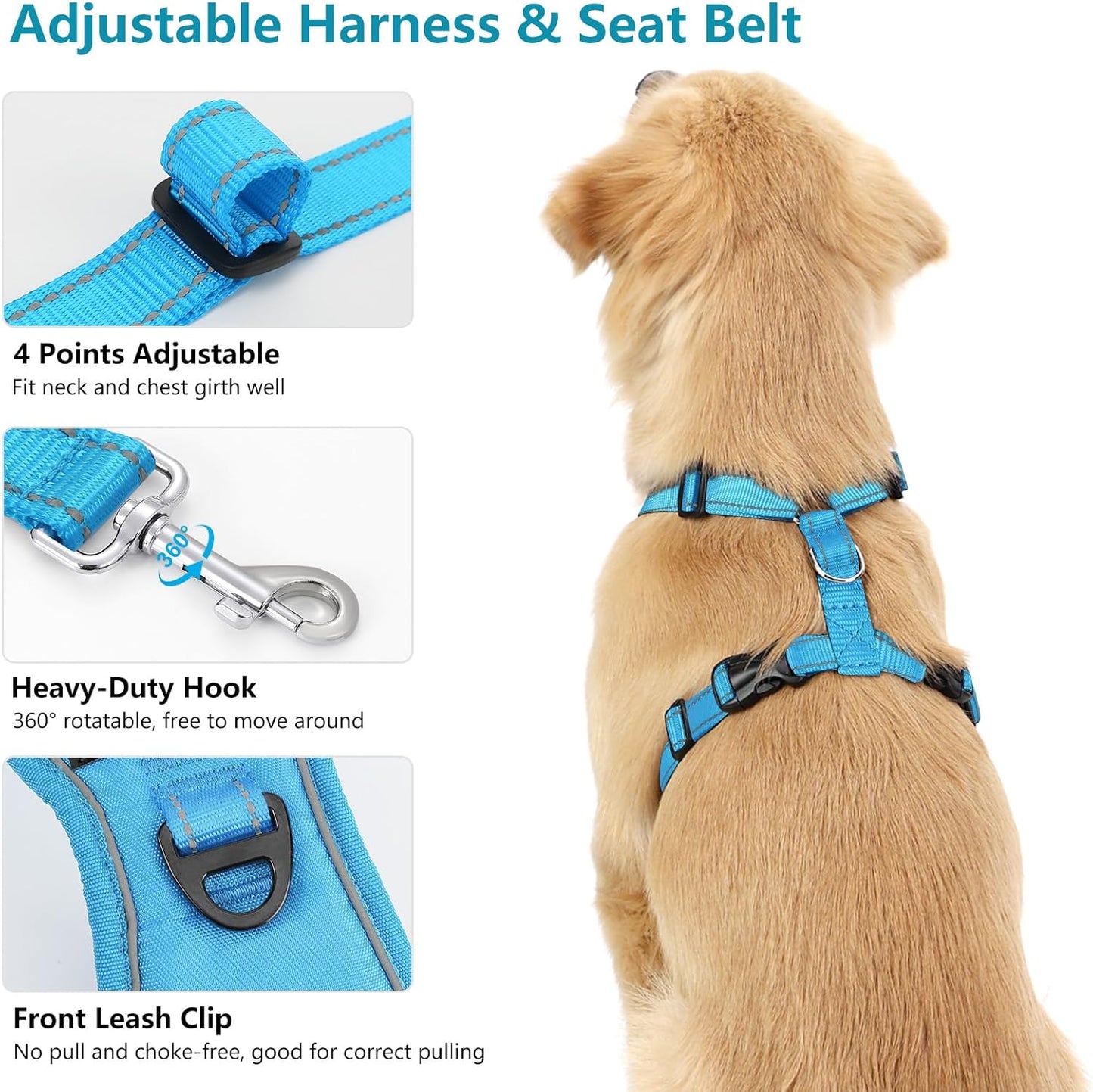 Dog Seat Belt Harness for Car, Dog Car Harness Adjustable Mesh Breathable & Dogs Seatbelt Safety Tether with Elastic Bungee for Small Medium Large Pets(Blue, L)