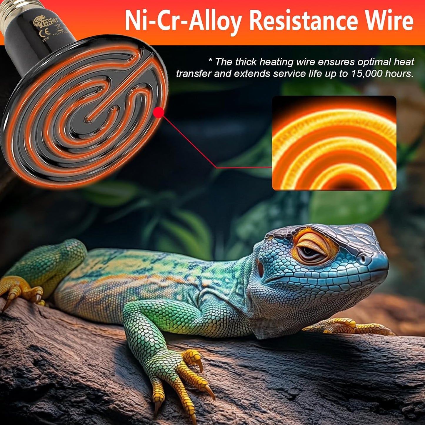 Energy Efficient 60W Reptile Basking Heat Lamp Bulbs, Pack of 2 Ceramic Heat Emitters for Tortoise, Bearded Dragon, Lizard, Iguana, Reptile (Black, 60 Watts)