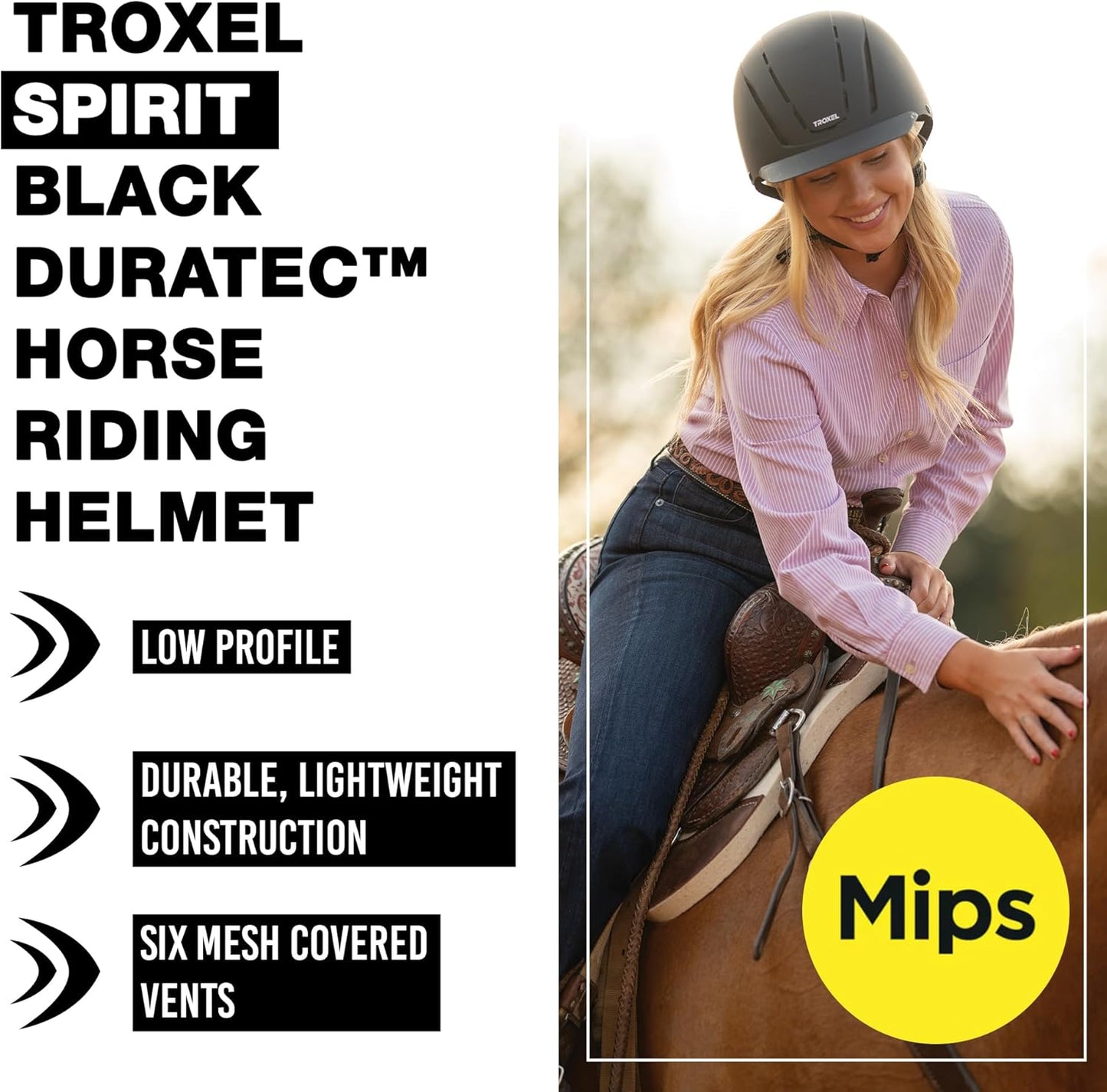 Troxel Spirit Full Coverage Horse Riding Helmet, Low-Profile & Adjustable Design, Safety Horseback Riding Gear, Small (6-1/2-6-7/8), Black Duratec